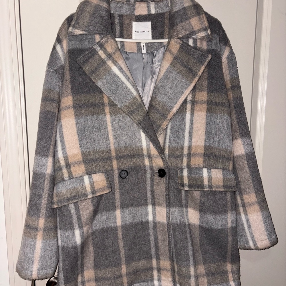 AVEC LES FILLES Plaid Double Breast Flap Pockets Peacoat Sz Medium
